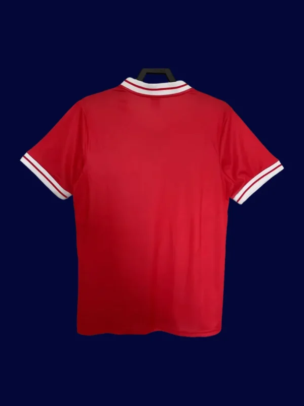 back view of Liverpool home red retro jersey (81/84) showing stitched back panel.
