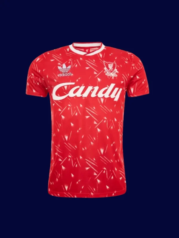 front view of Liverpool home red retro jersey (89/91) with classic crew neck.