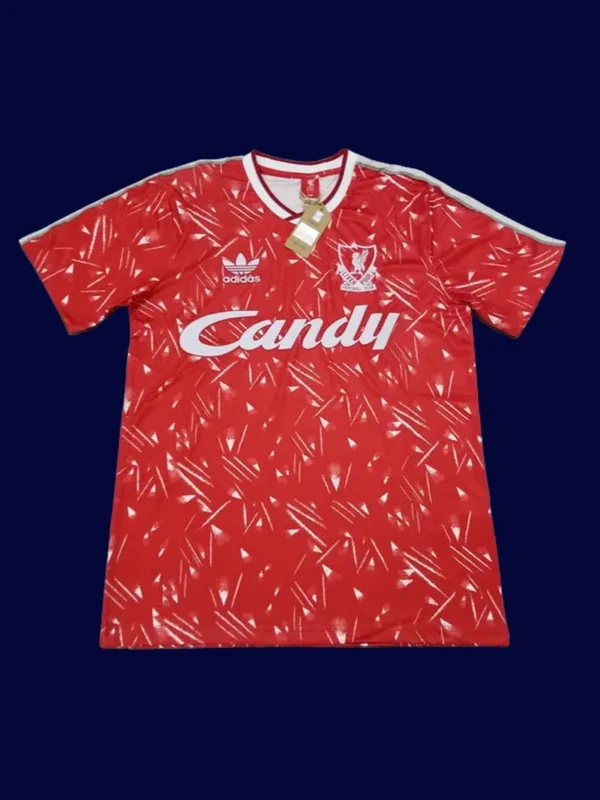 front view of Liverpool home red retro jersey (89/91) with classic crew neck.