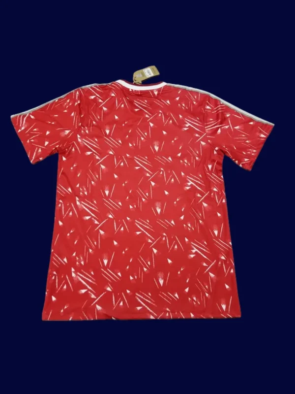 back view of Liverpool home red retro jersey (89/91) showing number-ready back panel.