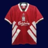 front view of Liverpool home red retro jersey (93/95) with traditional crew neck.