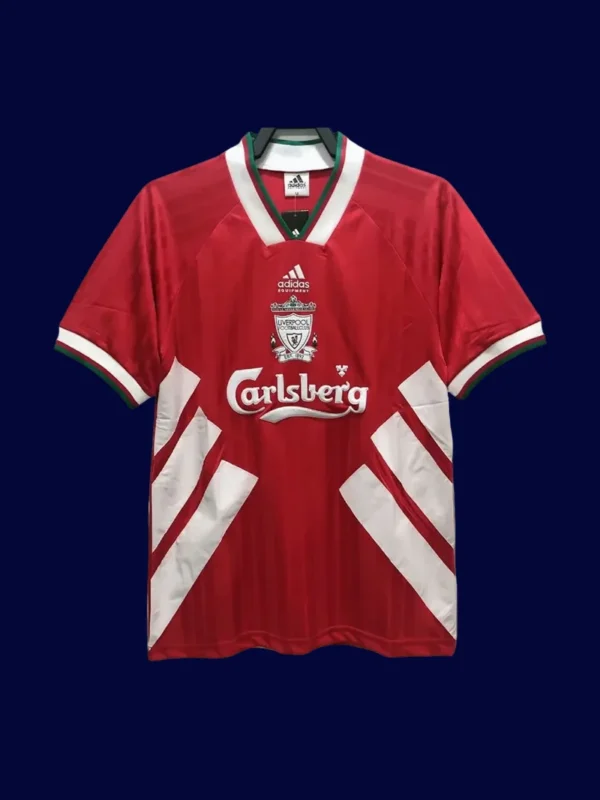 front view of Liverpool home red retro jersey (93/95) with traditional crew neck.