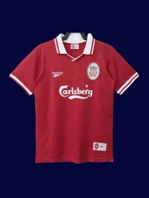 Liverpool Home Red Retro Jersey 9697A front view of Liverpool home red retro jersey (96/97) with classic trims.