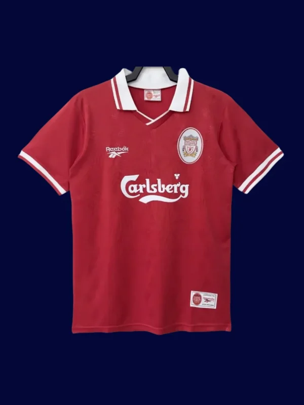 Liverpool Home Red Retro Jersey 9697A - kfcool.com front view of Liverpool home red retro jersey (96/97) with classic trims.