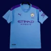 front view of Manchester City home blue retro shirt (19/20) in modern cut with vintage styling.