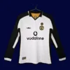 Manchester United 100th Centenary Long Sleeve Retro Jersey 0102A - KFCool – Football Jerseys & Soccer Kits Store front view of Manchester United 100th Centenary long sleeve retro jersey (01/02) in red.