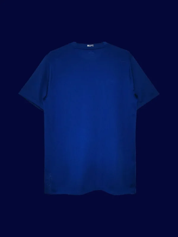 back view of Manchester United away blue retro jersey (08/09) showing reinforced back panel for numbers.