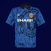 front view of Manchester United away blue retro jersey (92/93) with vintage trims.