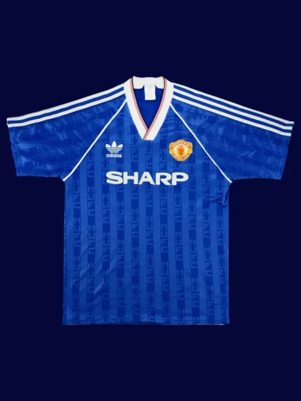 front view of Manchester United away blue retro soccer jersey (88/90) with classic fit.