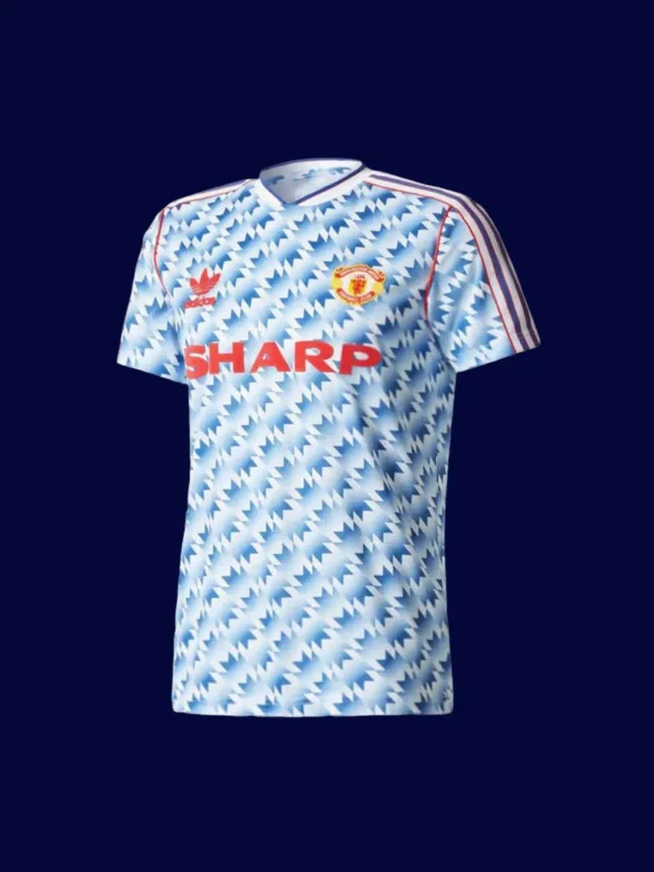 front view of Manchester United away retro jersey (90/92) with traditional collar and vintage trims.