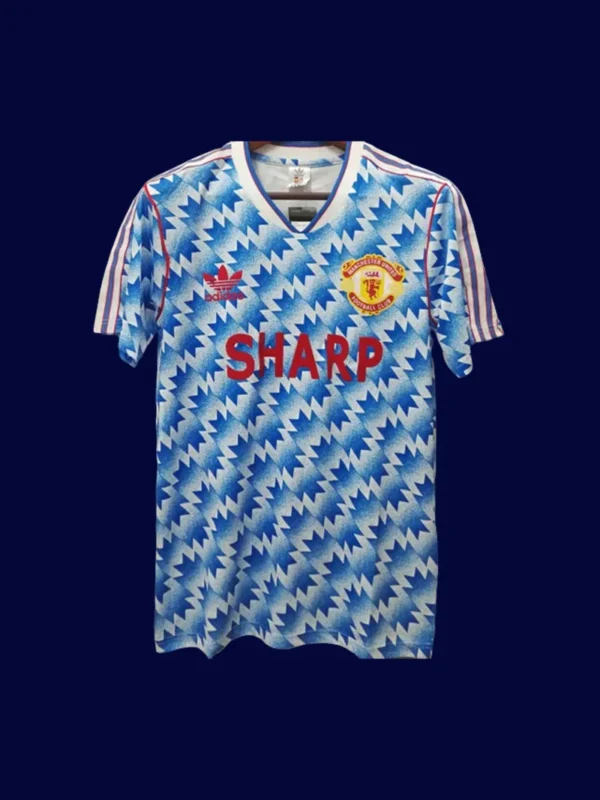 front view of Manchester United away retro jersey (90/92) with traditional collar and vintage trims.