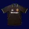 front view of Manchester United away UCL black retro jersey (98/99) with UEFA badge.