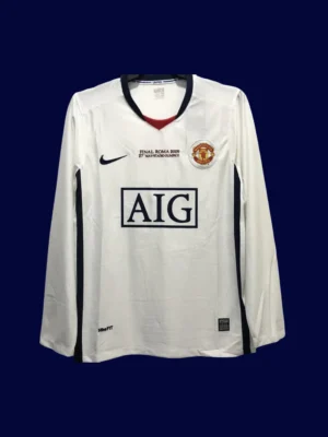 Manchester United Away UCL Retro Long Sleeve Jersey 0809A front view of Manchester United away UCL retro long sleeve jersey (08/09) with blue base and vintage trims.