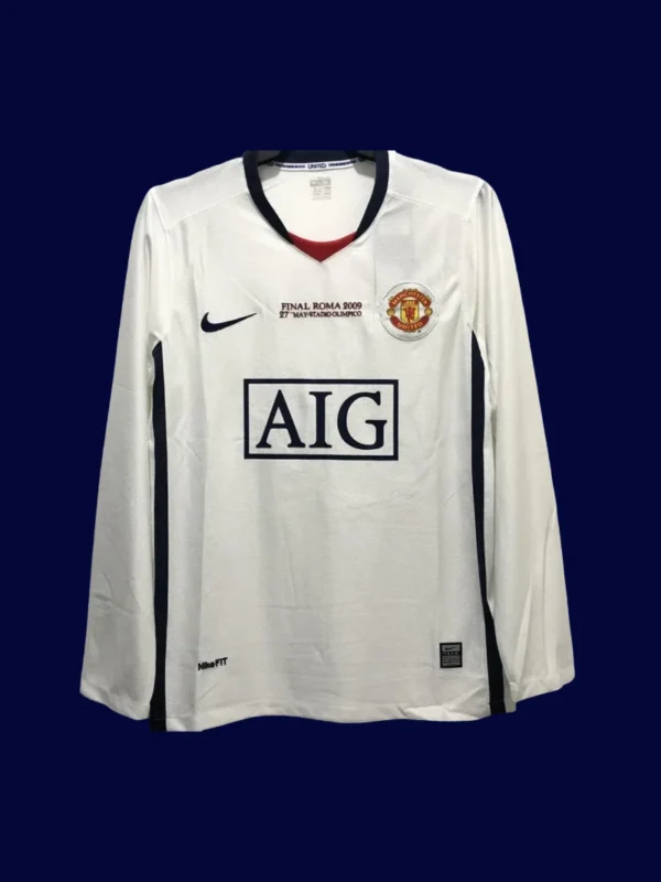 Manchester United Away UCL Retro Long Sleeve Jersey 0809A - KFCool – Football Jerseys & Soccer Kits Store front view of Manchester United away UCL retro long sleeve jersey (08/09) with blue base and vintage trims.