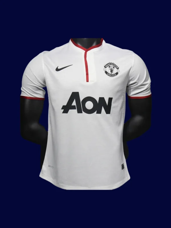 Manchester United Away White Retro Jersey 1314 Player1 - KFCool – Football Jerseys & Soccer Kits Store front view of Manchester United away white player-fit retro jersey (13/14) with slim athletic cut.