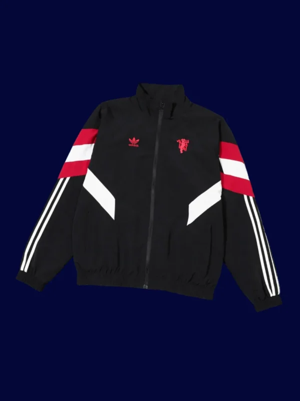 front view of Manchester United black windbreaker (24/25) with zip and elastic cuffs.