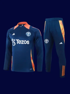 front view of blue Manchester United tracksuit (2025) with streamlined fit and zip-up jacket.