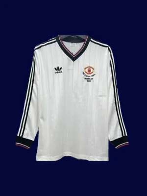 front view of Manchester United FA Cup Final long sleeve retro jersey (1983) in red.