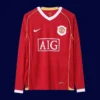 front view of Manchester United home red long sleeve retro jersey (06/07) with retro cuffs.