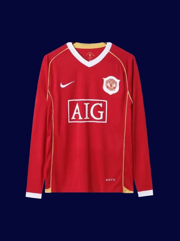 front view of Manchester United home red long sleeve retro jersey (06/07) with retro cuffs.