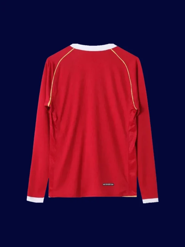 back view of Manchester United home red long sleeve retro jersey (06/07) showing stitched back and number area.