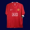 front view of Manchester United home red player-fit retro jersey (07/08) with slim silhouette.