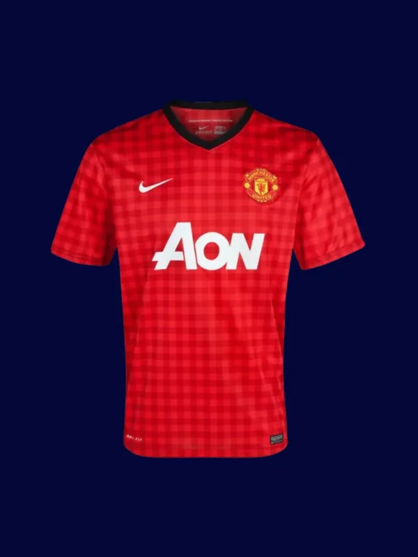 front view of Manchester United home red retro jersey (12/13) with classic collar.