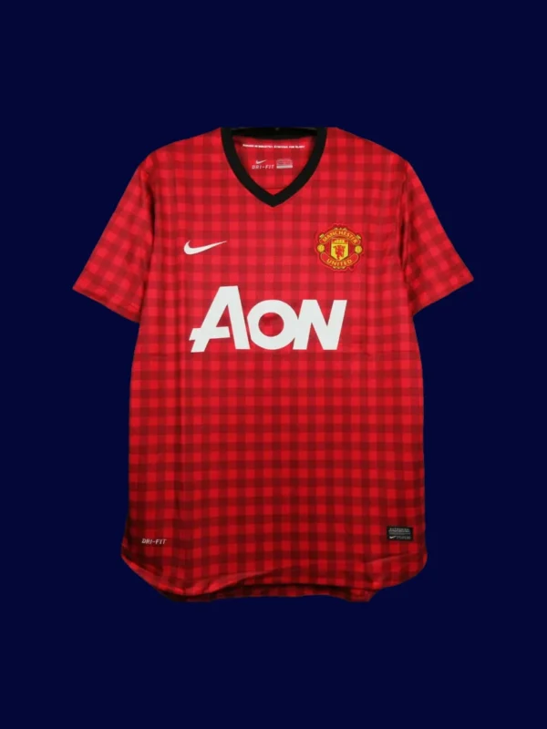 front view of Manchester United home red retro jersey (12/13) with classic collar.