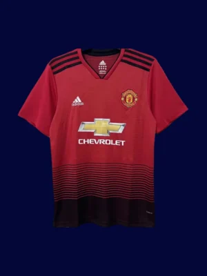 front view of Manchester United home red retro jersey (18/19) with modern cut and classic trims.