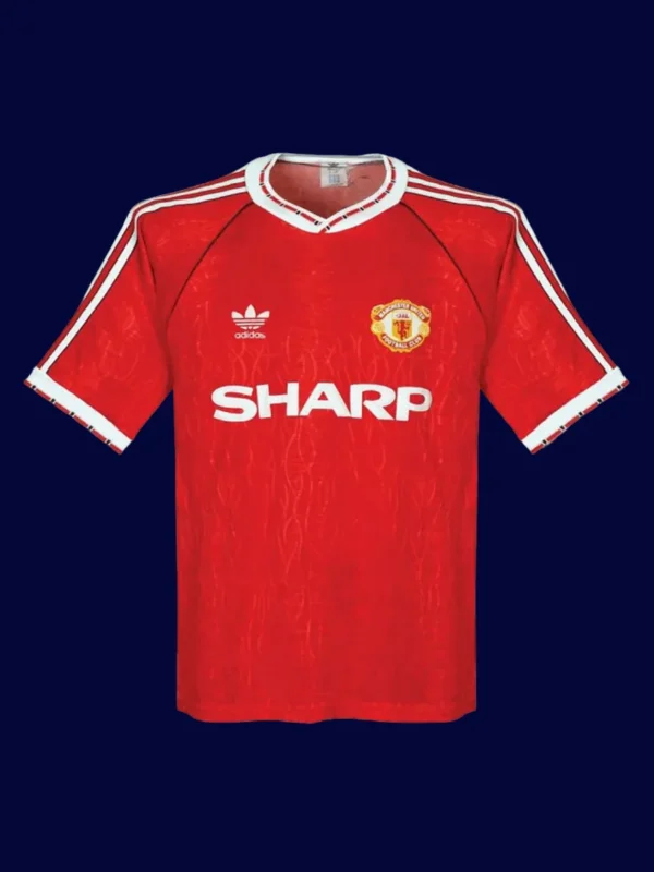 Manchester United Home Red Retro Jersey 9092A - kfcool.com front view of Manchester United home red retro jersey (90/92) with classic collar.