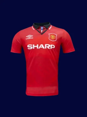 front view of Manchester United home red retro jersey (94/96) with traditional collar.