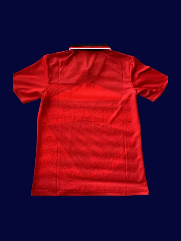 back view of home red retro jersey (94/96) showing stitched back and number-ready panel.