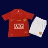 front view of Manchester United home red retro kids kit (07/08) with scaled-down fit.