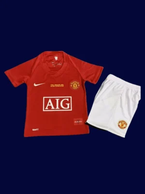 front view of Manchester United home red retro kids kit (07/08) with scaled-down fit.