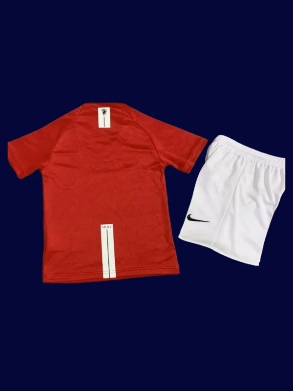 back view of home red retro kids kit (07/08) showing small-number panel and child-friendly seam.