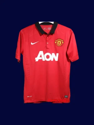 front view of Manchester United home retro player-fit jersey (13/14) in red with slim fit.