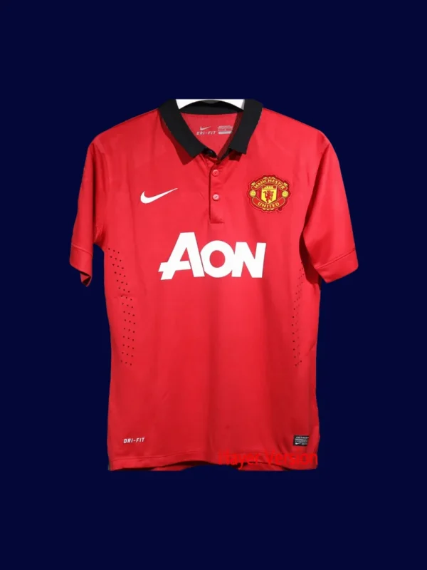 front view of Manchester United home retro player-fit jersey (13/14) in red with slim fit.