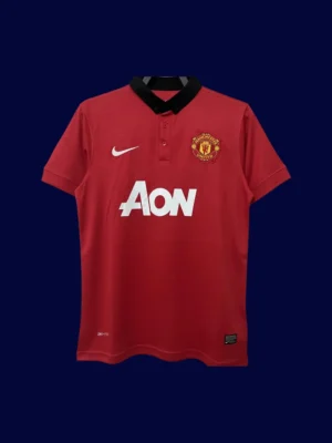 front view of Manchester United home retro jersey (13/14) with classic V-neck and red trims.