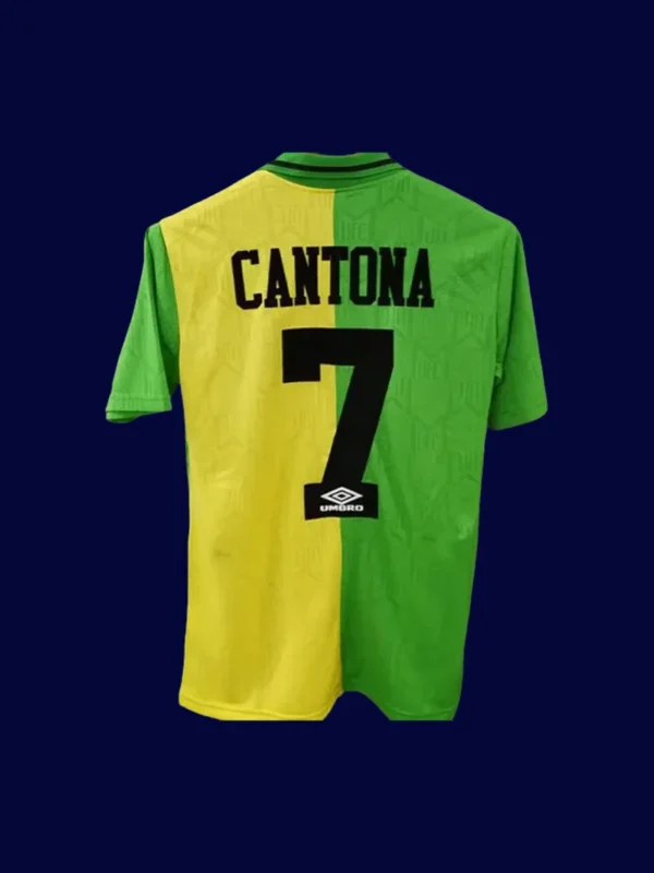 back view of retro Manchester United jersey (92/94) showing stitched back and number area.