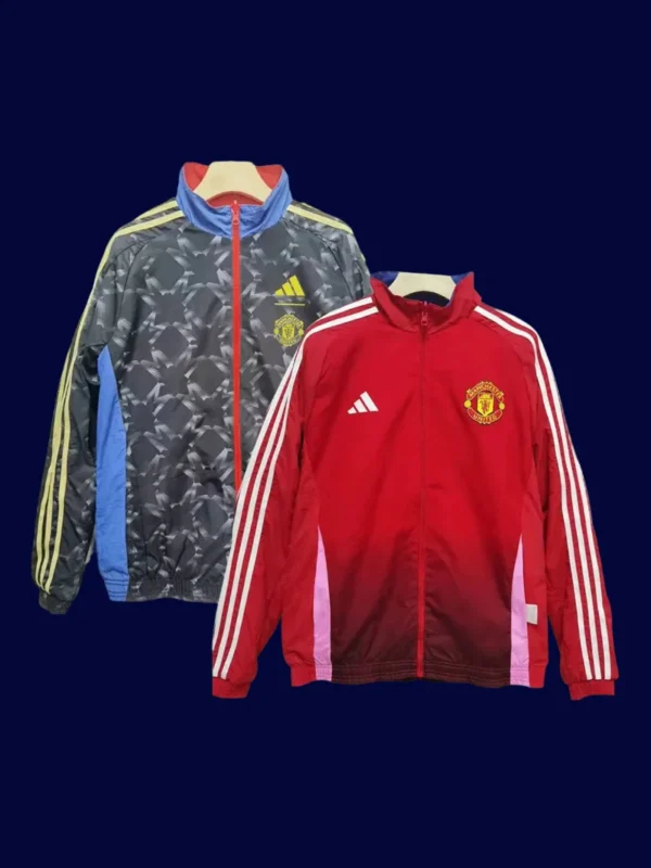 front view of Manchester United reversible windbreaker (2025) showing patterned side.