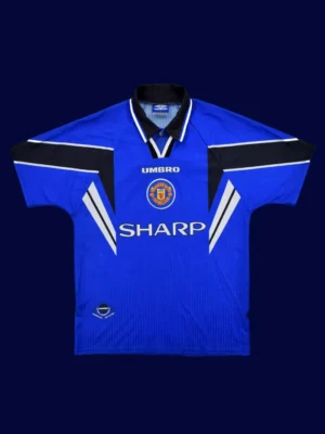 Manchester United Third Blue Retro Jersey 9698A front view of Manchester United third blue retro jersey (96/98) with crew neck and retro trims.