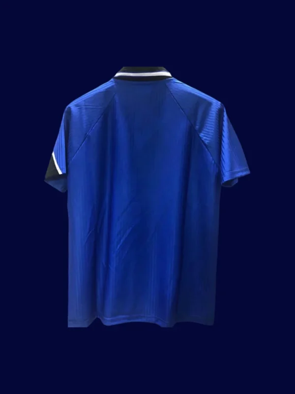 back view of third blue retro jersey (96/98) showing number-ready back panel.