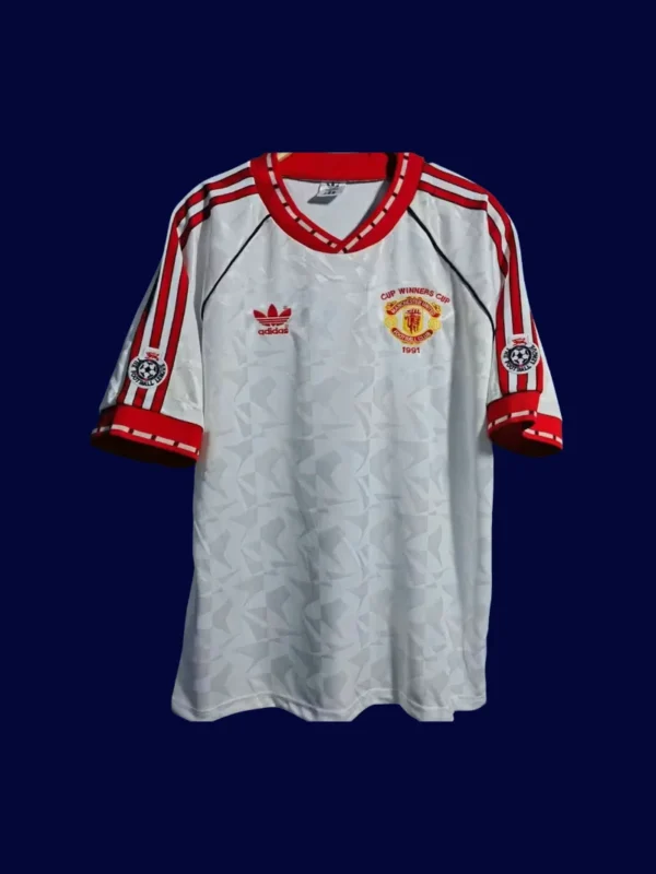front view of Manchester United Winners Cup Final retro jersey (1991) in red.