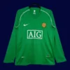 Manchester United goalkeeper Retro Long Sleeve Jersey 0708A - KFCool – Football Jerseys & Soccer Kits Store front view of Manchester United goalkeeper retro long sleeve jersey (07/08) in green with vintage trims.