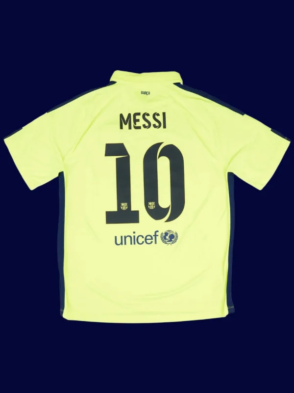 Messi 10 Barcelona Third Yellow Retro Jersey 1415B - KFCool – Football Jerseys & Soccer Kits Store Messi Barcelona third yellow retro jersey back 14/15 with #10, breathable high-quality design.