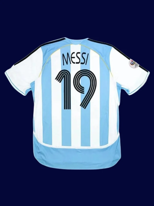 Messi Argentina home retro jersey back WC 2006 with #19, breathable high-quality design.