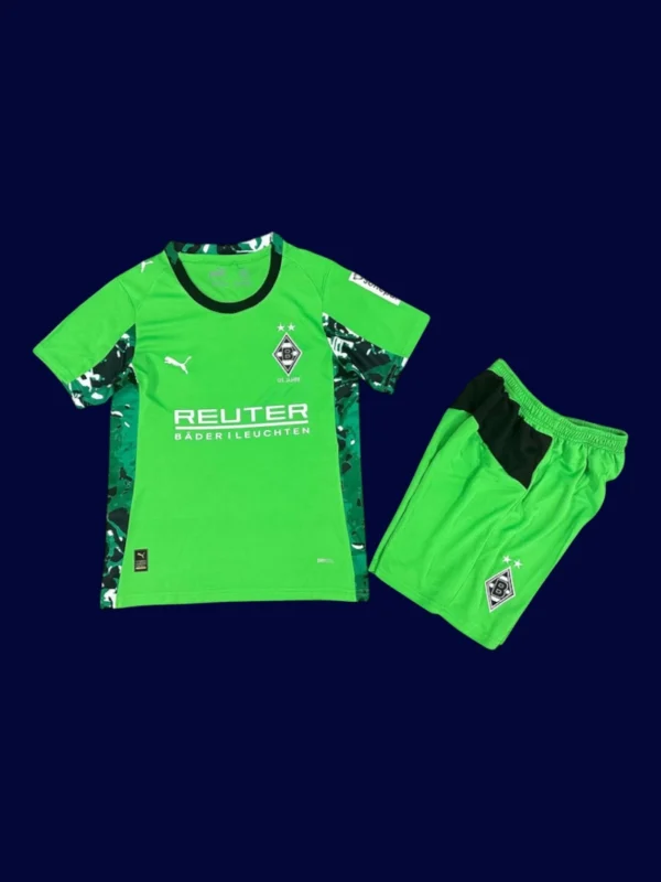 Mönchengladbach Away Kids Kits 25/26 front with black-and-white palette and mini crest.