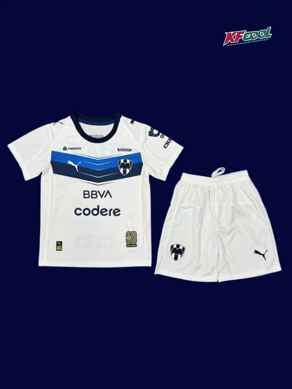 Monterrey Away Kids kits 2526A - KFCool – Football Jerseys & Soccer Kits Store Monterrey away kids kits 25/26 front white navy design