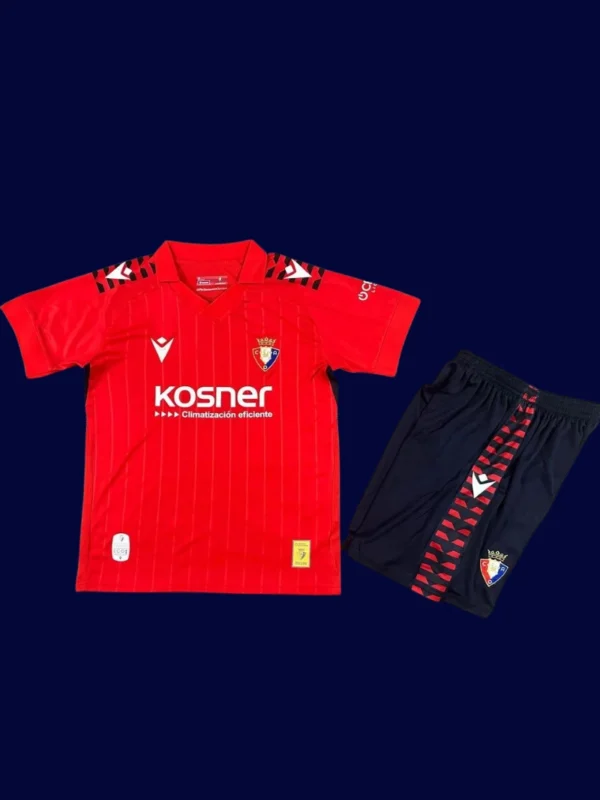 Osasuna Home Jersey Kids kits 2526A - KFCool – Football Jerseys & Soccer Kits Store Osasuna Home Kids Kits 25/26 front view with mini crest and youth fit.