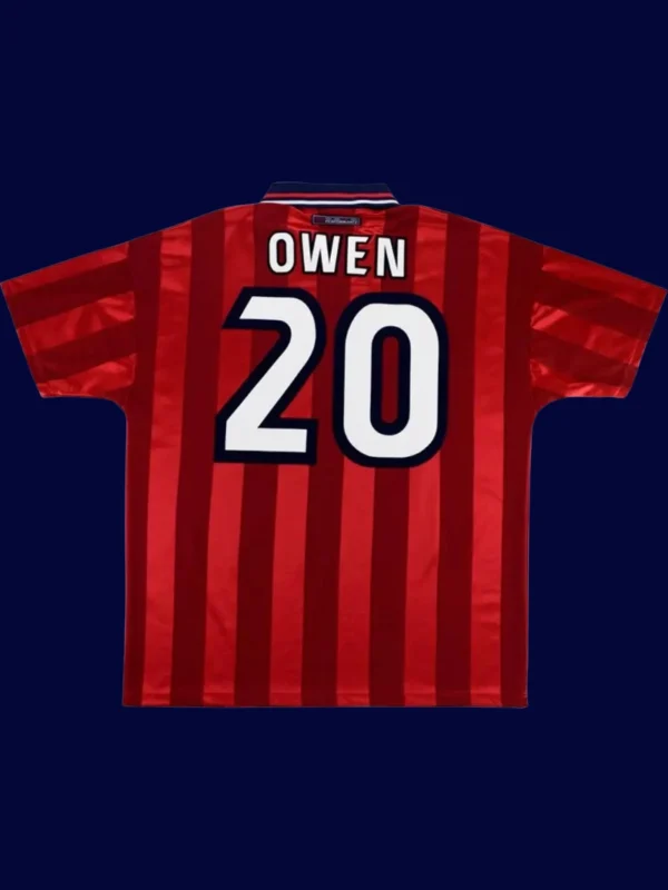 Owen England away red retro shirt back 97/99 with #20, high-quality breathable design.
